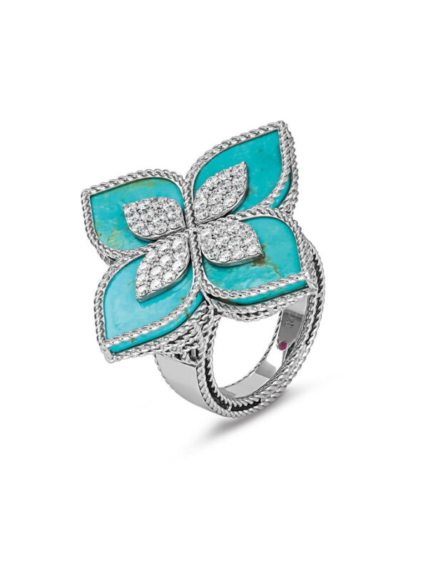 PRINCESS FLOWER RING WITH DIAMONDS AND TURQUOISE